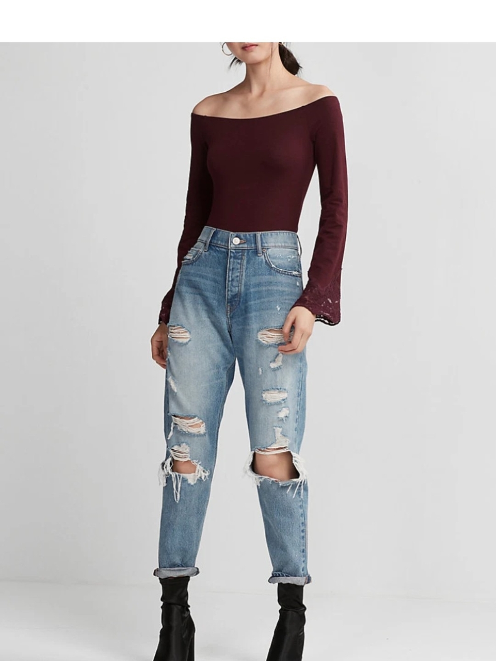 NWOT Express Off-Shoulder Lace Cuff Bodysuit in Burgundy Size M
